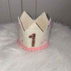 Cream and Pink Girls Bow First Birthday Crown